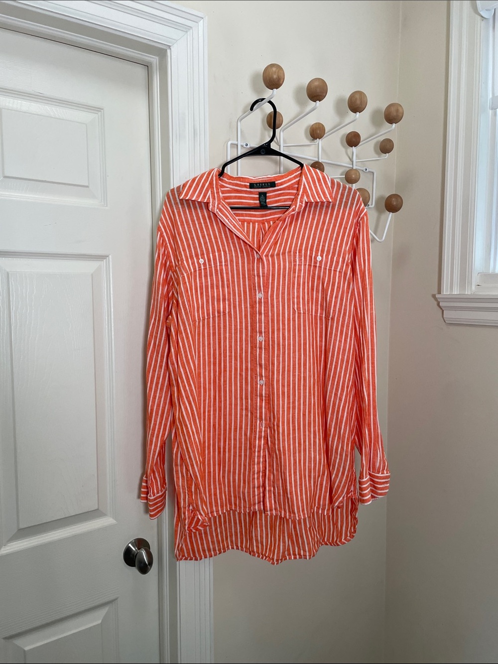 Lauren Ralph Lauren Linen Long Sleeve Button Down Striped - Orange XL